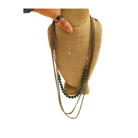 Vintage Three Strand Gold Chain and Green Glass Bead Necklace - Picture 4 of 5
